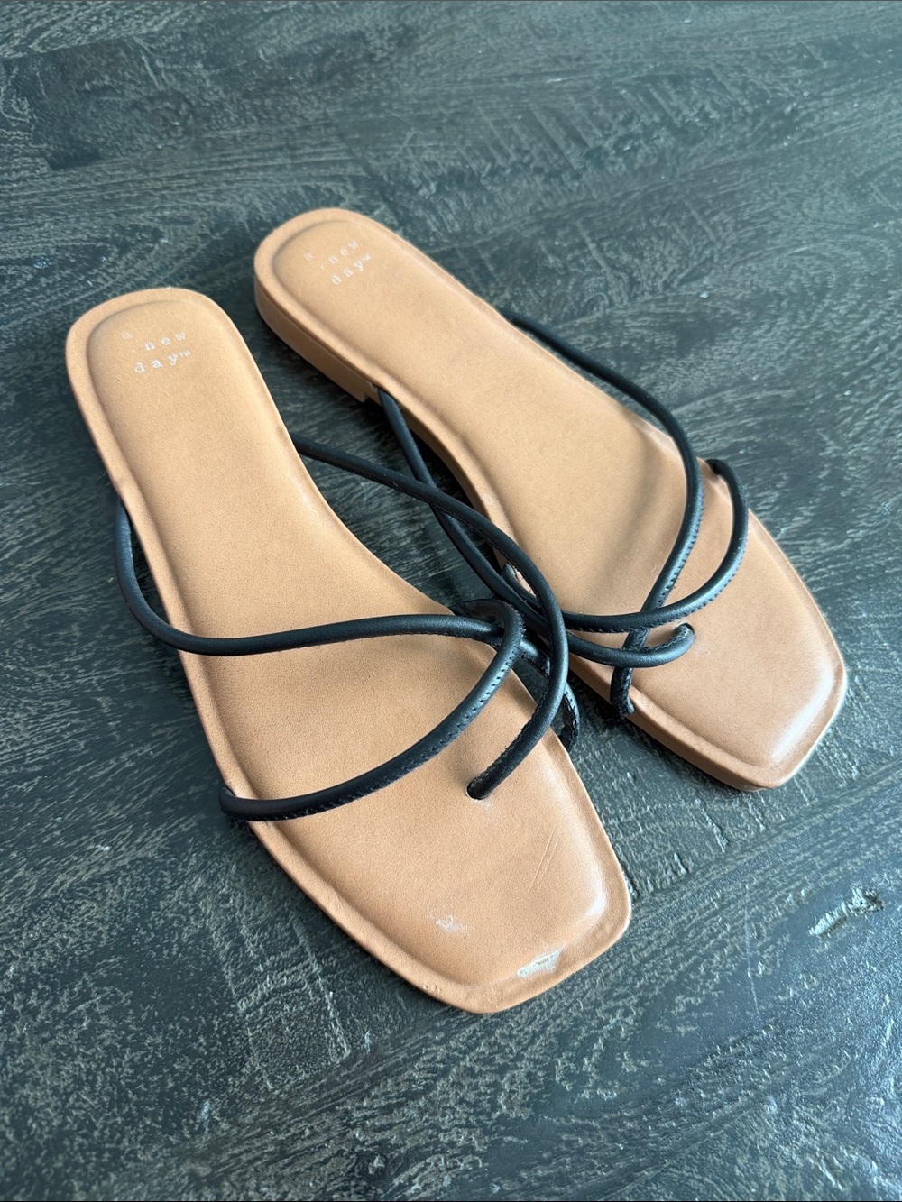 a new day Tan Square-Toe Slide Sandals with Black Straps